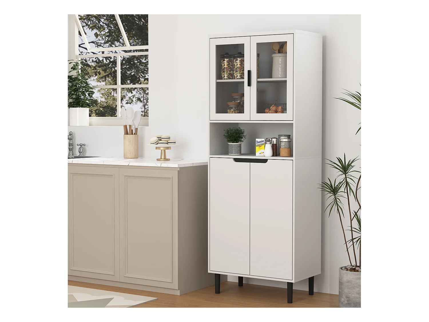 Bibliothèque avec portes en verre trempé, étagères réglables, MDF laqué, blanc (60x35x160 cm)