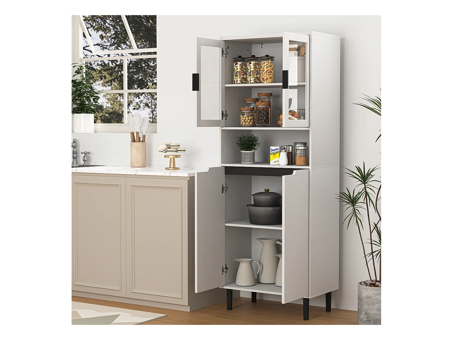 Bibliothèque avec portes en verre trempé, étagères réglables, MDF laqué, blanc (60x35x160 cm)