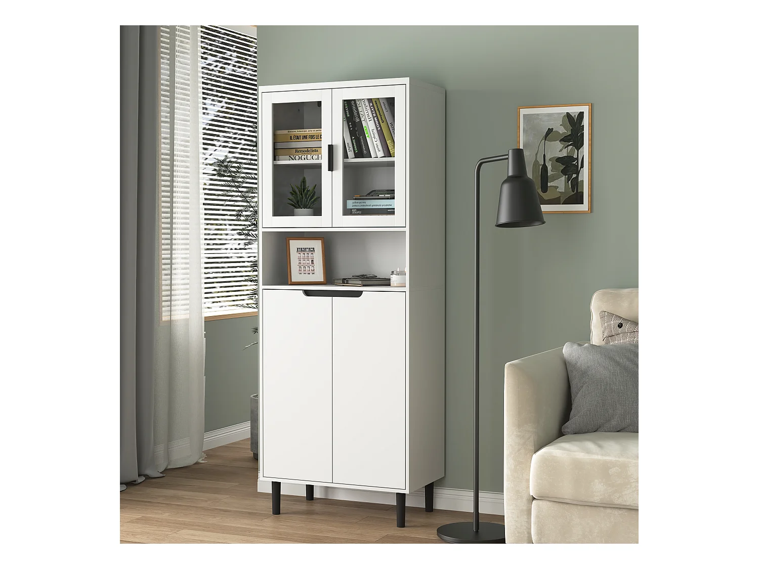 Bibliothèque avec portes en verre trempé, étagères réglables, MDF laqué, blanc (60x35x160 cm)