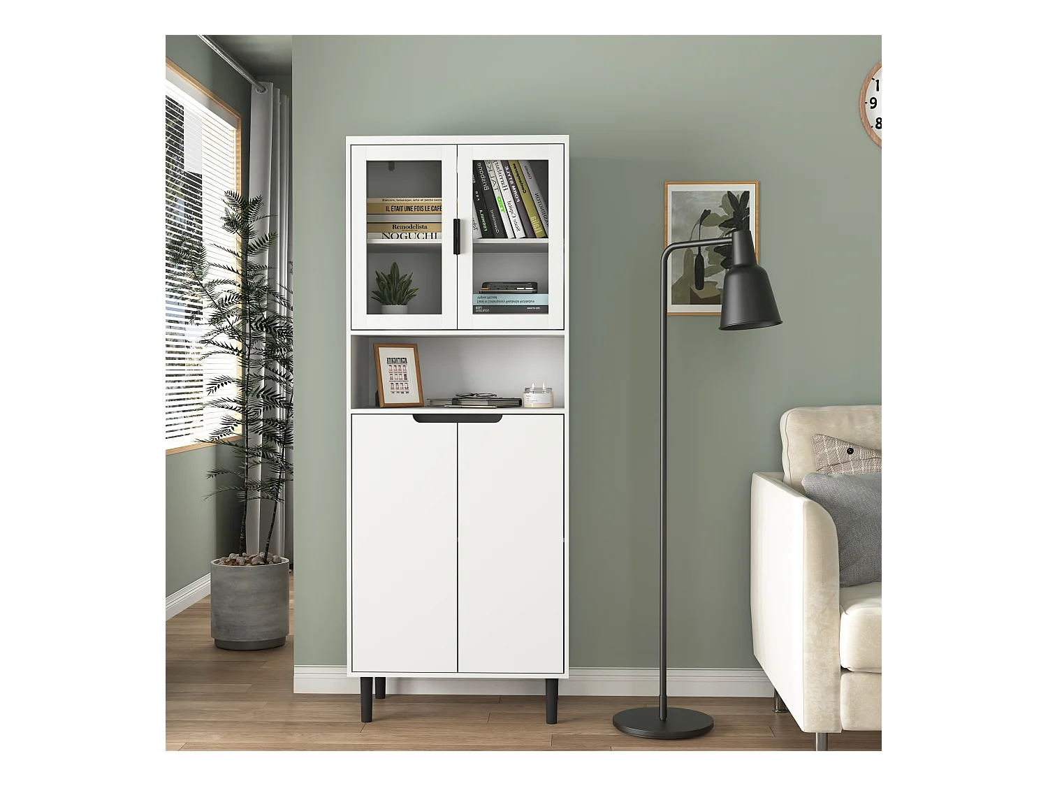 Bibliothèque avec portes en verre trempé, étagères réglables, MDF laqué, blanc (60x35x160 cm)