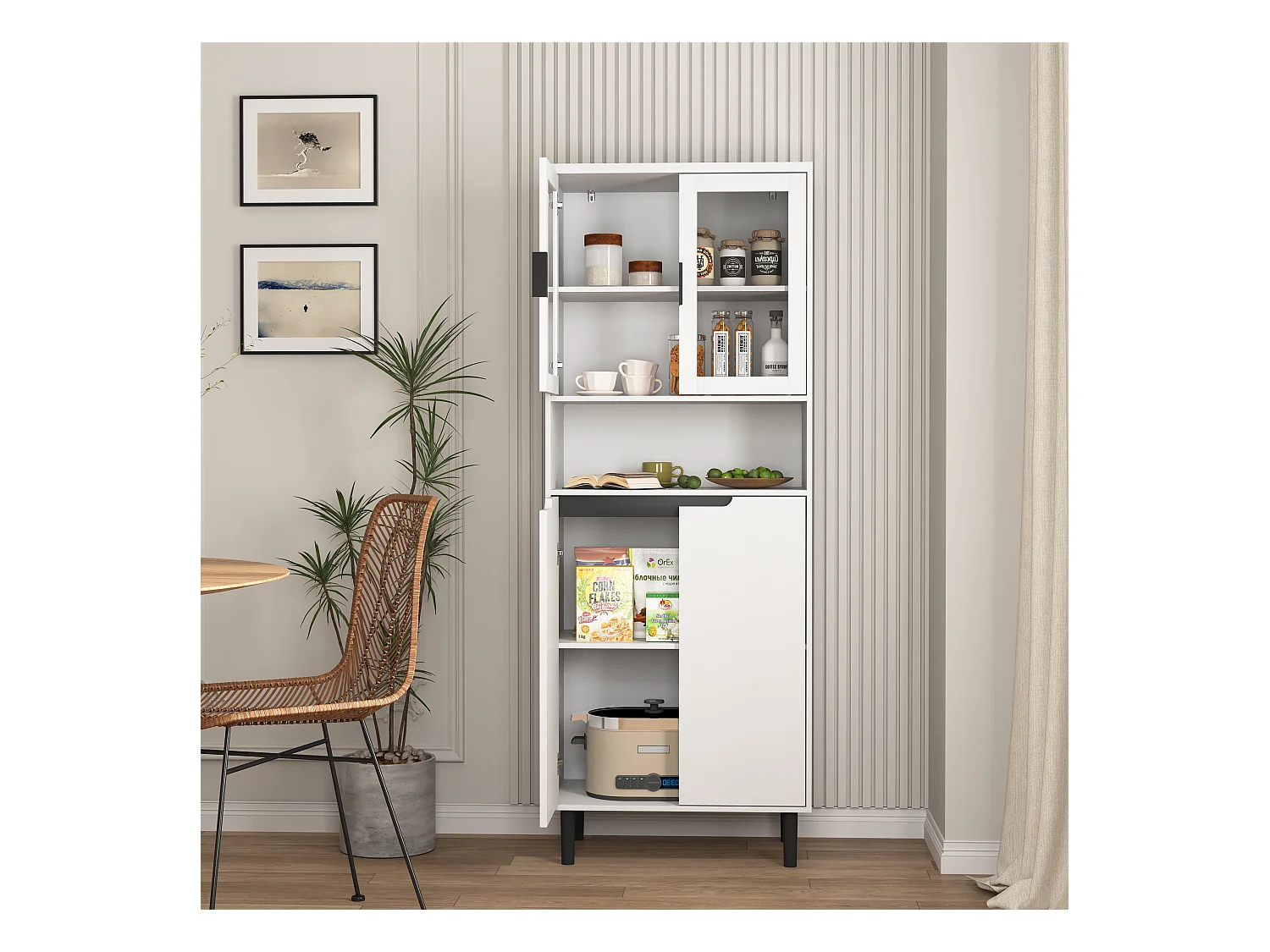 Bibliothèque avec portes en verre trempé, étagères réglables, MDF laqué, blanc (60x35x160 cm)