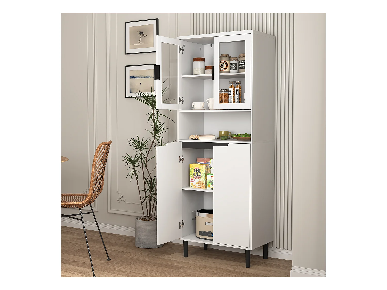 Bibliothèque avec portes en verre trempé, étagères réglables, MDF laqué, blanc (60x35x160 cm)