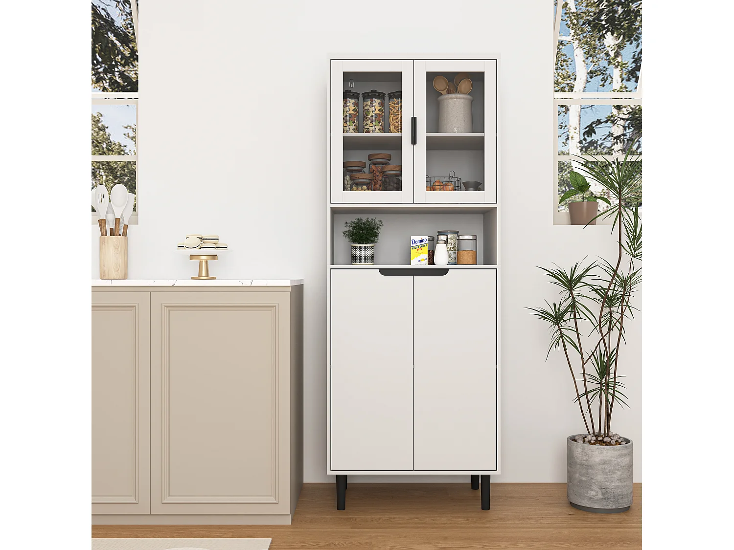 Bibliothèque avec portes en verre trempé, étagères réglables, MDF laqué, blanc (60x35x160 cm)