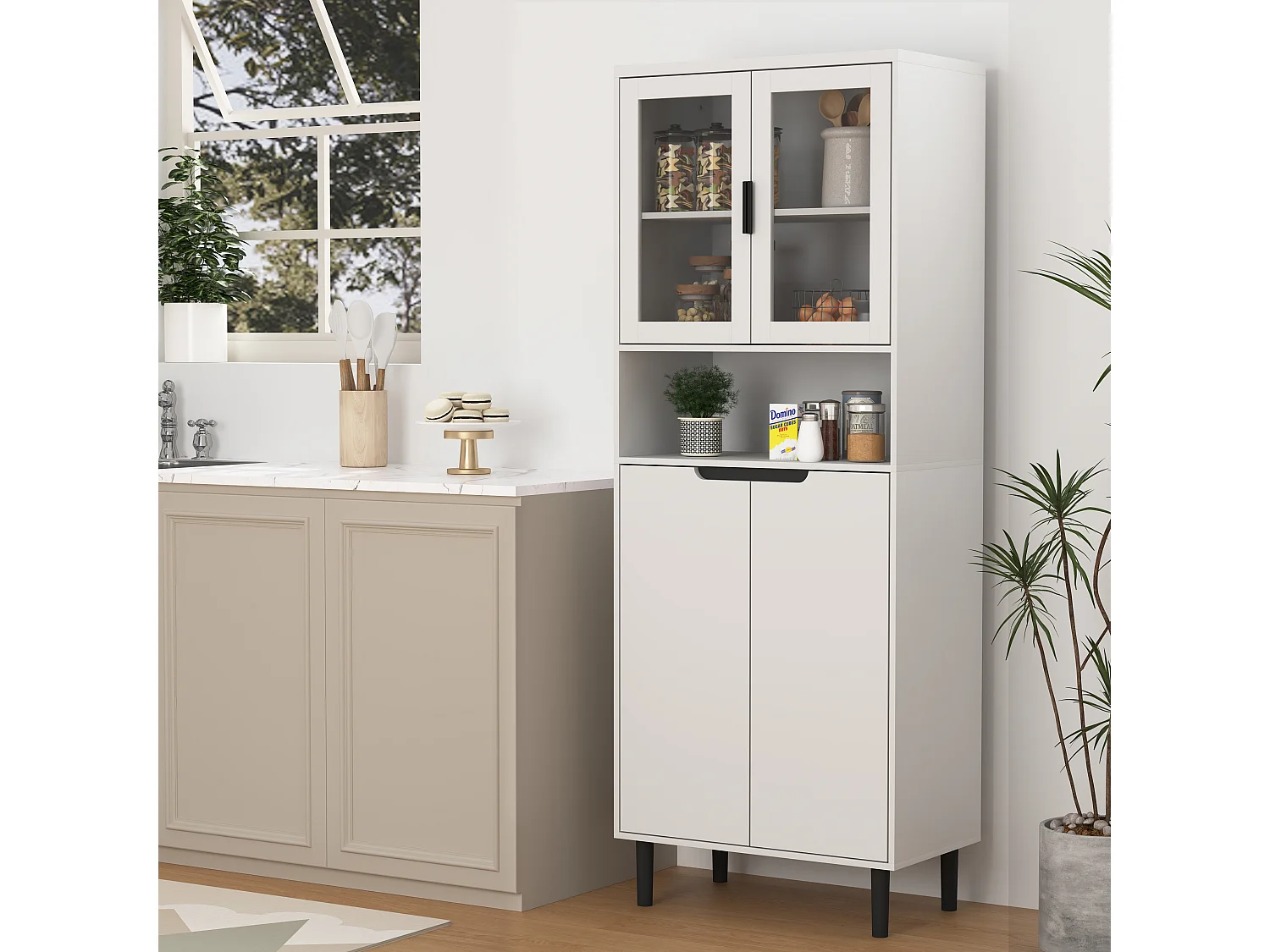 Bibliothèque avec portes en verre trempé, étagères réglables, MDF laqué, blanc (60x35x160 cm)