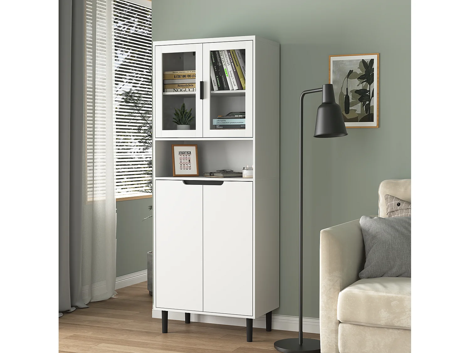 Bibliothèque avec portes en verre trempé, étagères réglables, MDF laqué, blanc (60x35x160 cm)