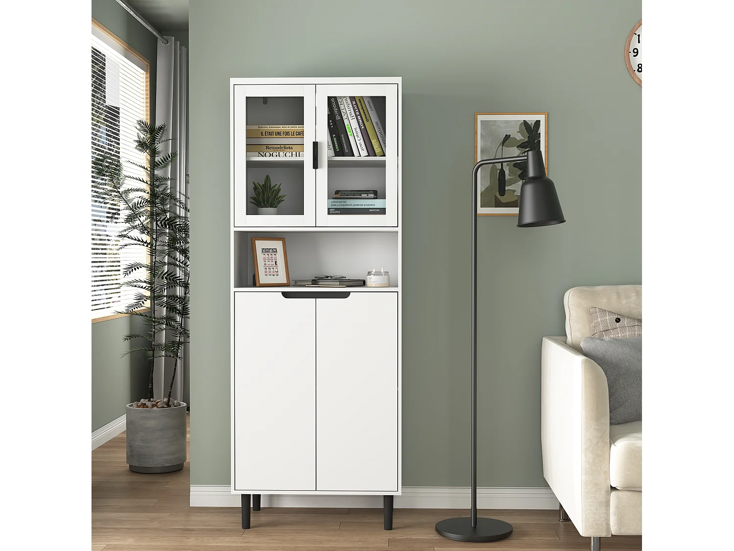 Bibliothèque avec portes en verre trempé, étagères réglables, MDF laqué, blanc (60x35x160 cm)