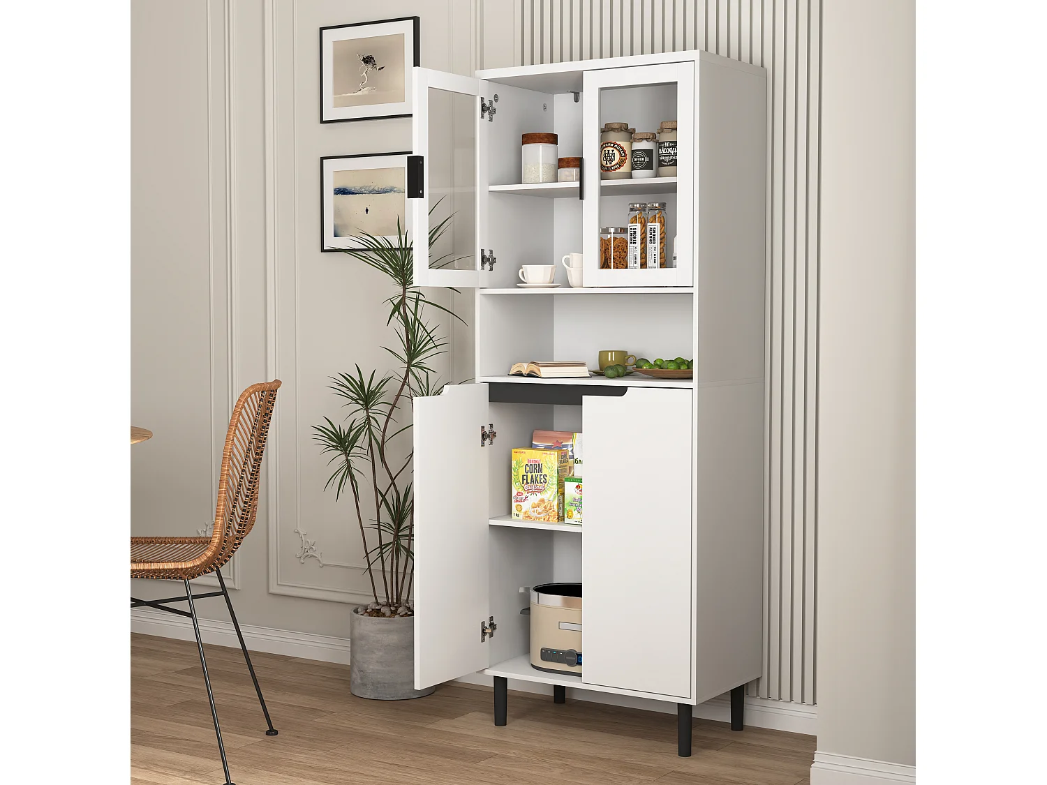 Bibliothèque avec portes en verre trempé, étagères réglables, MDF laqué, blanc (60x35x160 cm)