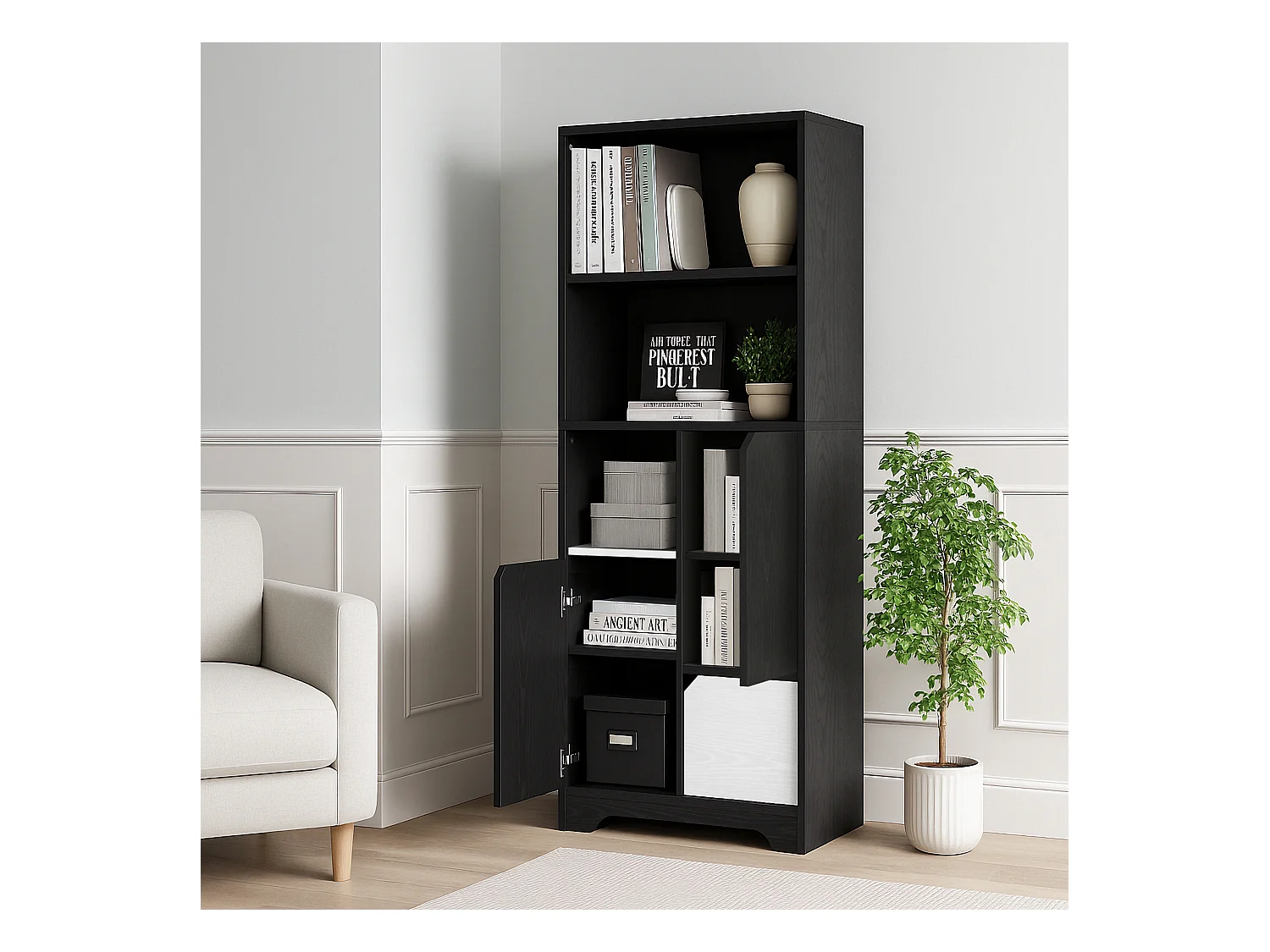 Bibliothèque multifonctionnelle avec espace ouvert, portes et tiroirs, MDF, noir et blanc (60x35x160 cm)