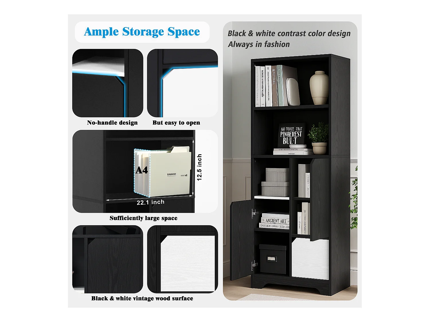 Bibliothèque multifonctionnelle avec espace ouvert, portes et tiroirs, MDF, noir et blanc (60x35x160 cm)