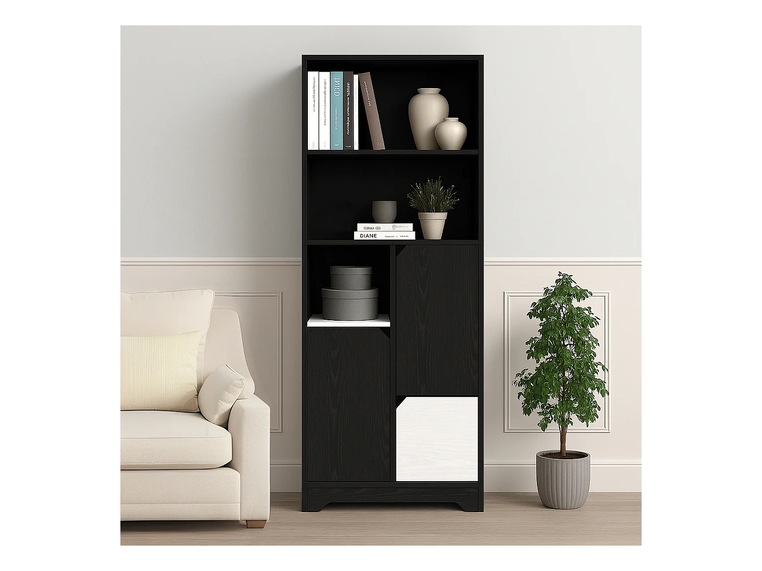 Bibliothèque multifonctionnelle avec espace ouvert, portes et tiroirs, MDF, noir et blanc (60x35x160 cm)