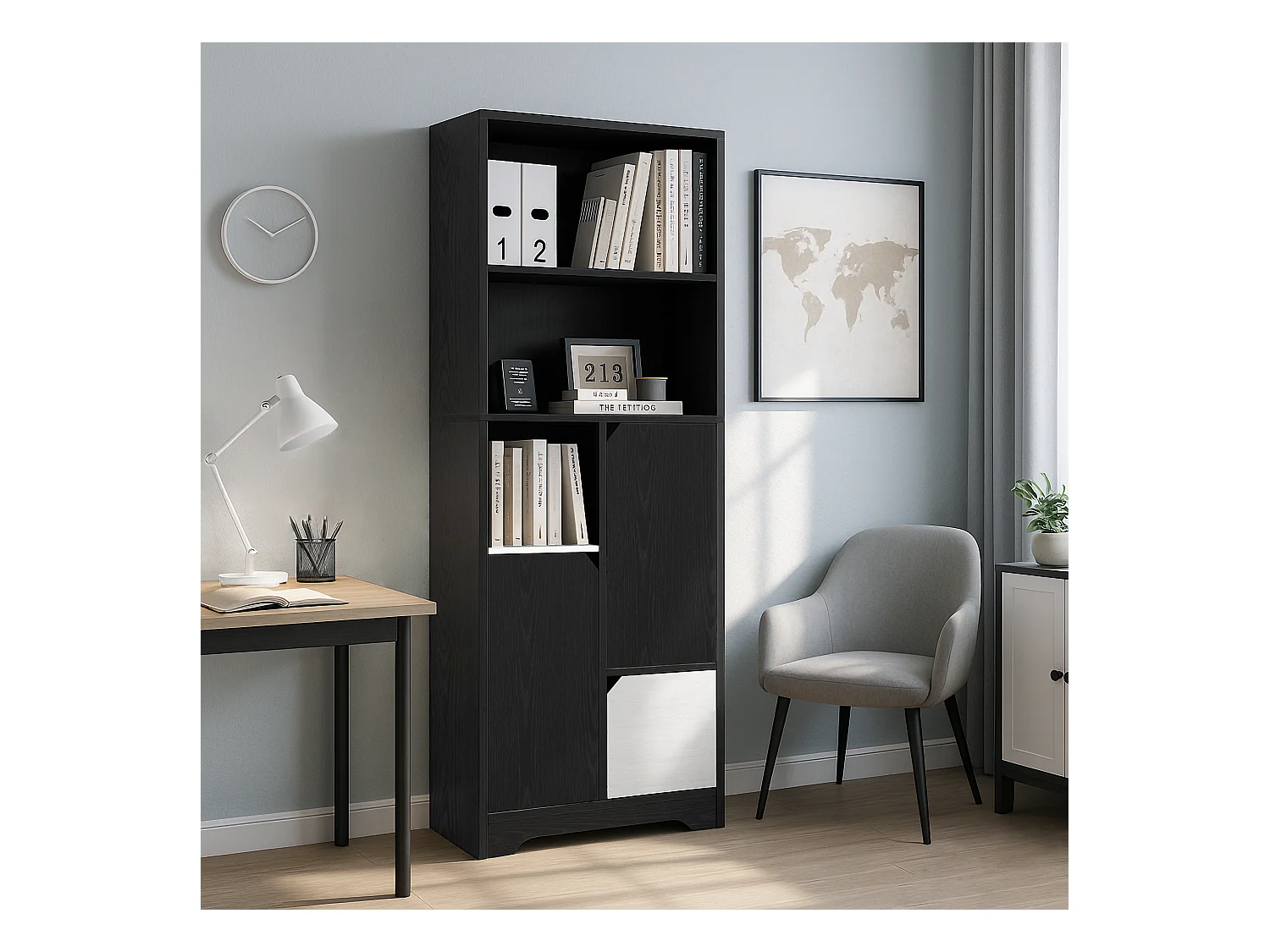 Bibliothèque multifonctionnelle avec espace ouvert, portes et tiroirs, MDF, noir et blanc (60x35x160 cm)