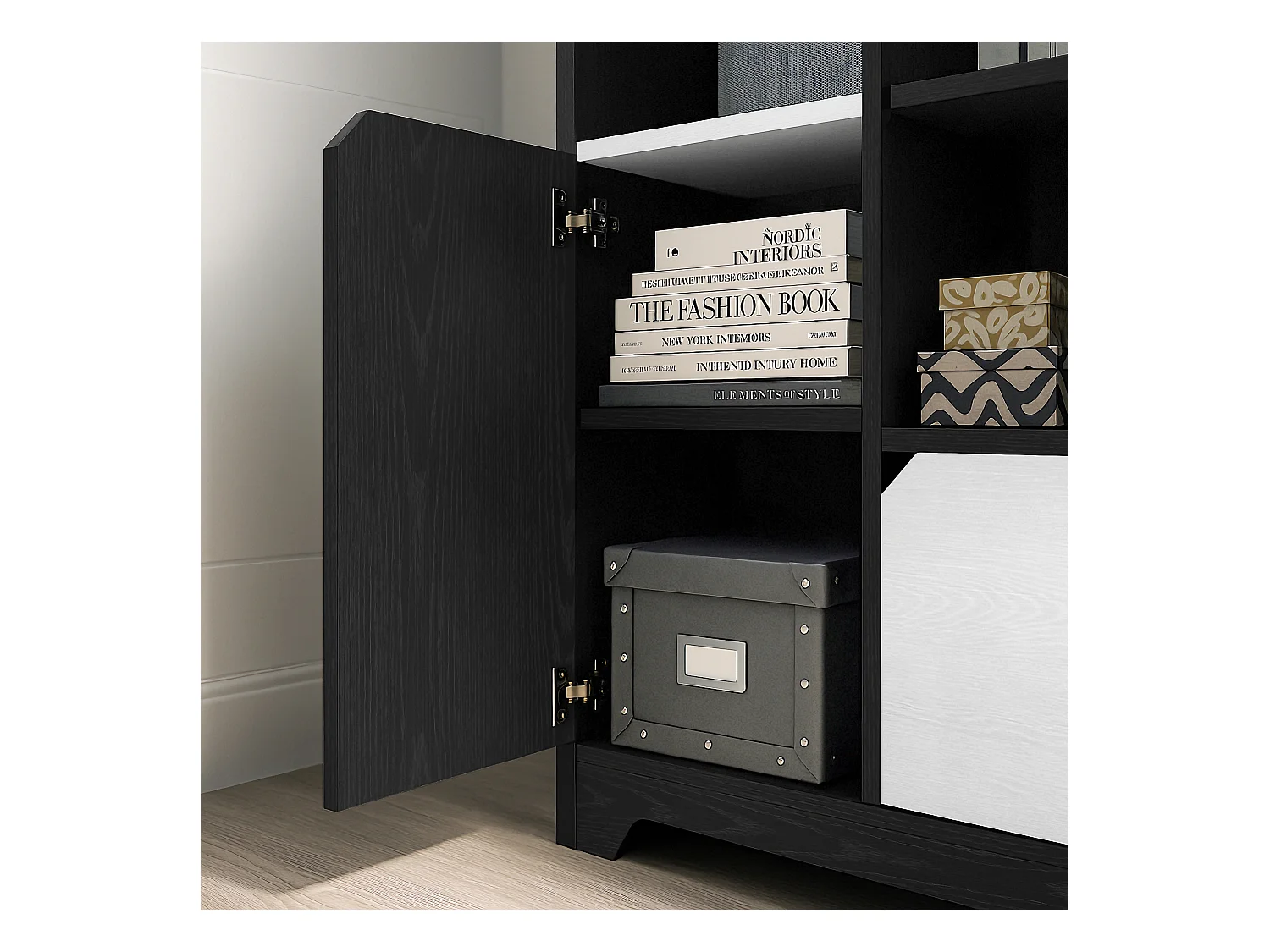 Bibliothèque multifonctionnelle avec espace ouvert, portes et tiroirs, MDF, noir et blanc (60x35x160 cm)