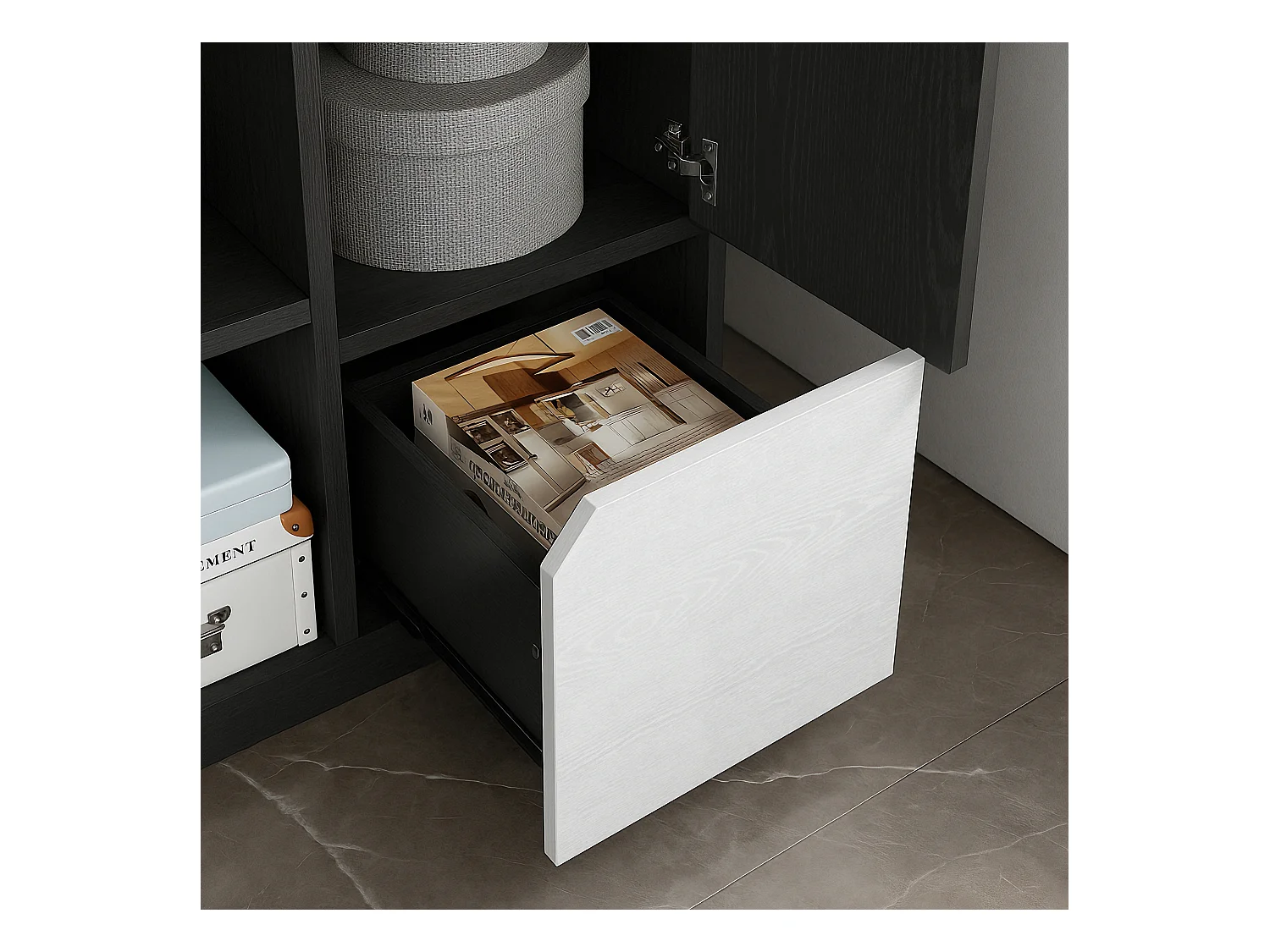 Bibliothèque multifonctionnelle avec espace ouvert, portes et tiroirs, MDF, noir et blanc (60x35x160 cm)