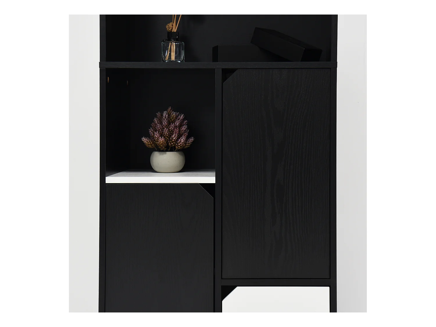 Bibliothèque multifonctionnelle avec espace ouvert, portes et tiroirs, MDF, noir et blanc (60x35x160 cm)