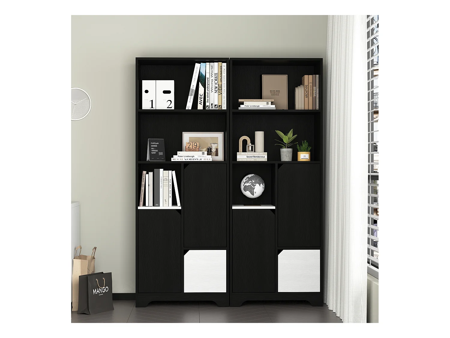 Bibliothèque multifonctionnelle avec espace ouvert, portes et tiroirs, MDF, noir et blanc (60x35x160 cm)