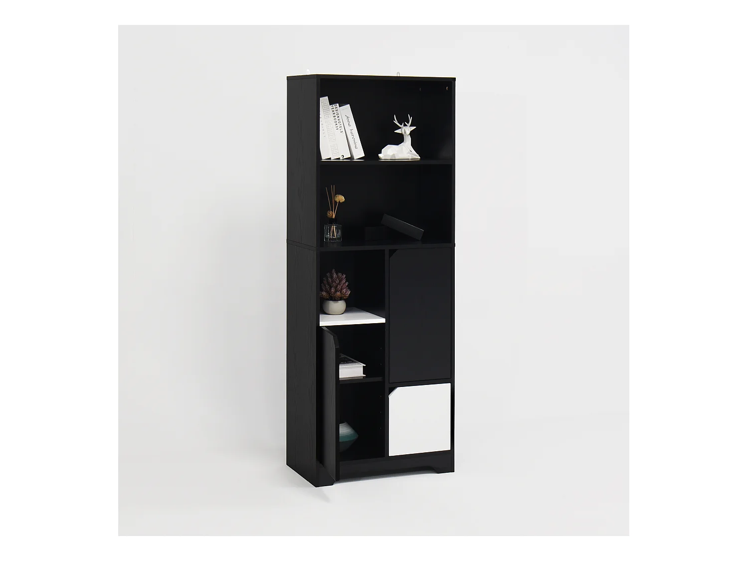 Bibliothèque multifonctionnelle avec espace ouvert, portes et tiroirs, MDF, noir et blanc (60x35x160 cm)