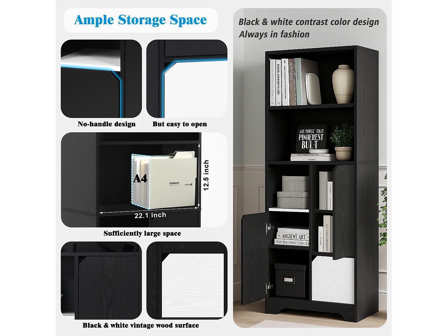 Bibliothèque multifonctionnelle avec espace ouvert, portes et tiroirs, MDF, noir et blanc (60x35x160 cm)