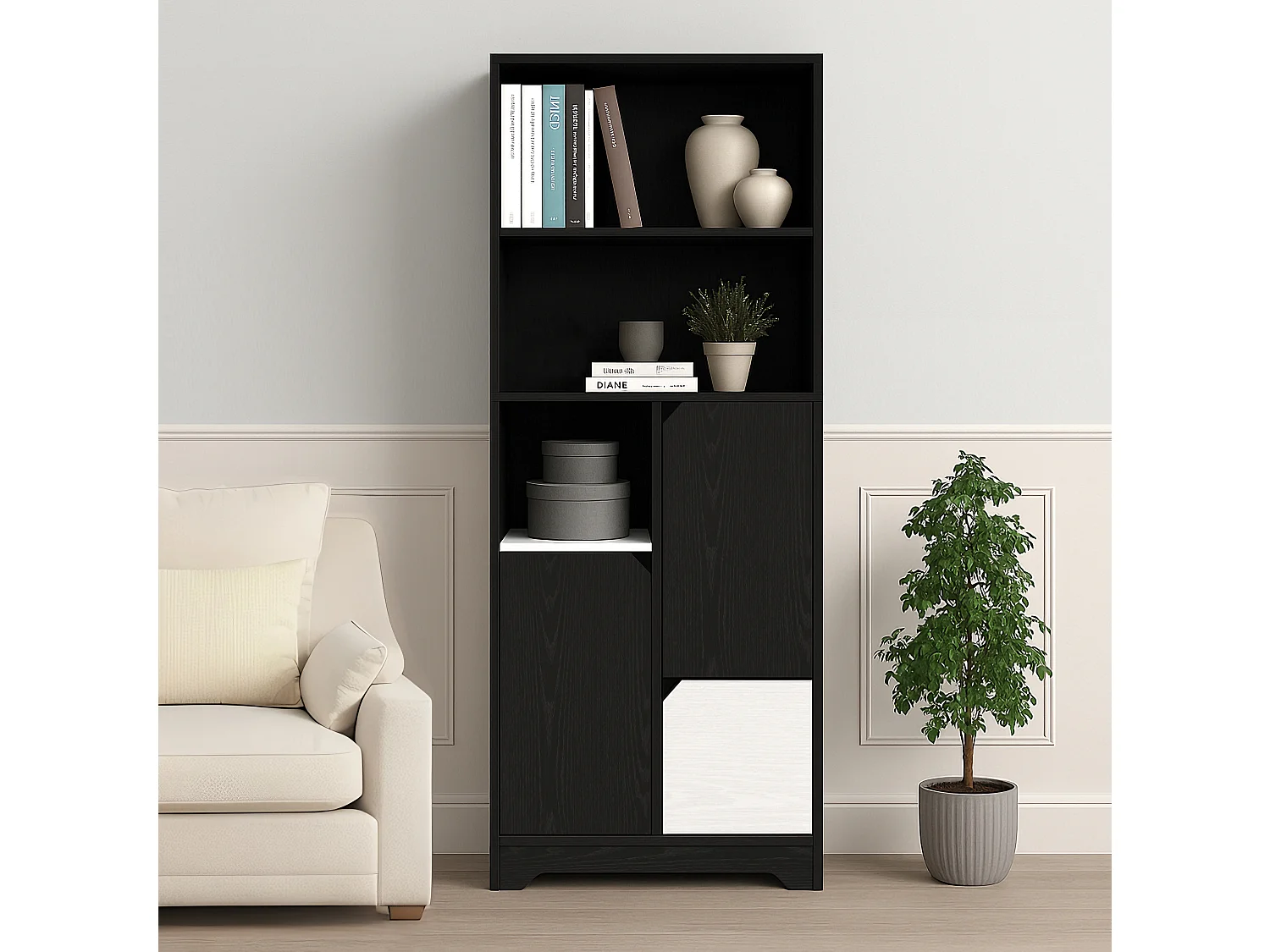 Bibliothèque multifonctionnelle avec espace ouvert, portes et tiroirs, MDF, noir et blanc (60x35x160 cm)