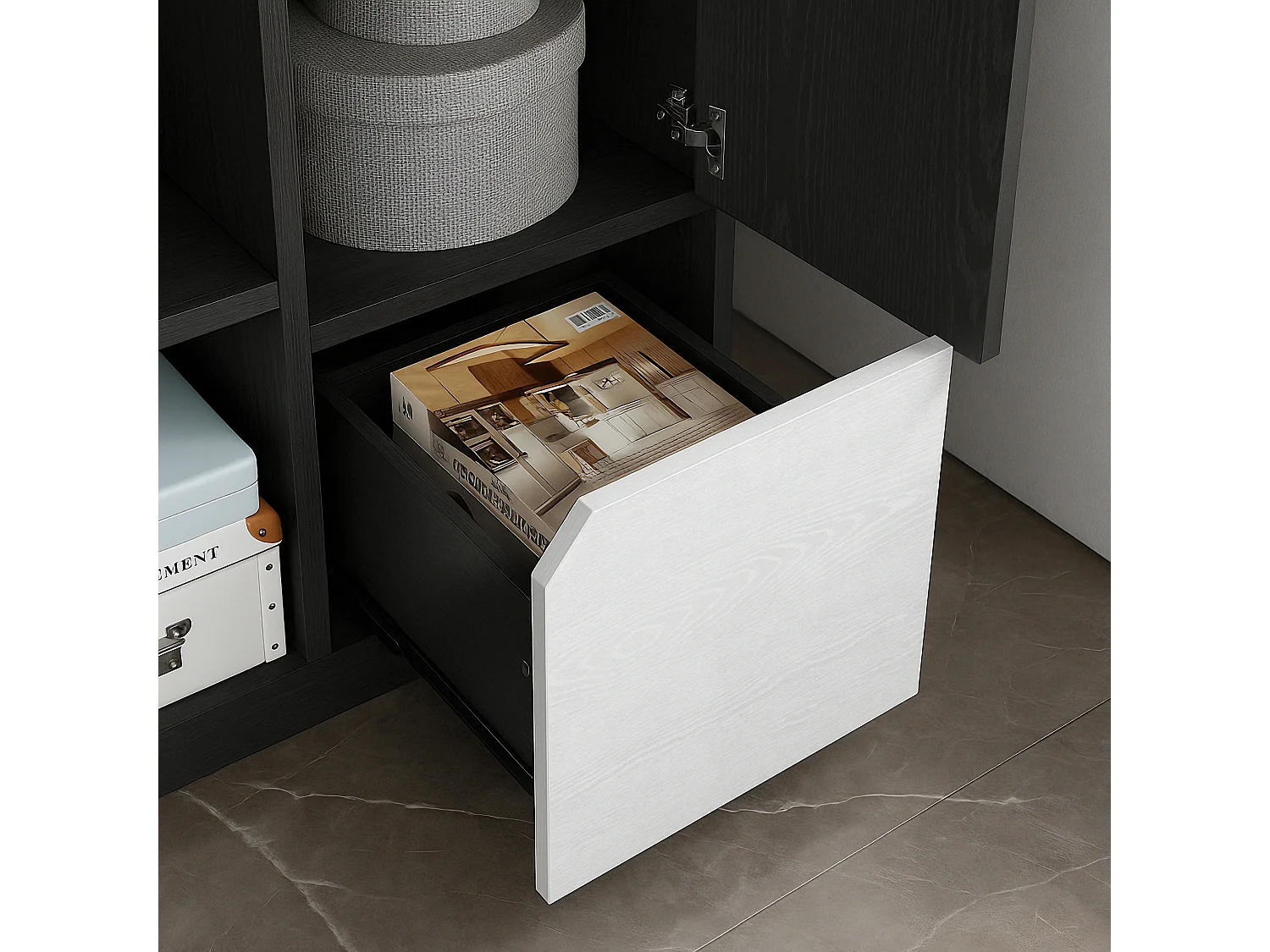 Bibliothèque multifonctionnelle avec espace ouvert, portes et tiroirs, MDF, noir et blanc (60x35x160 cm)