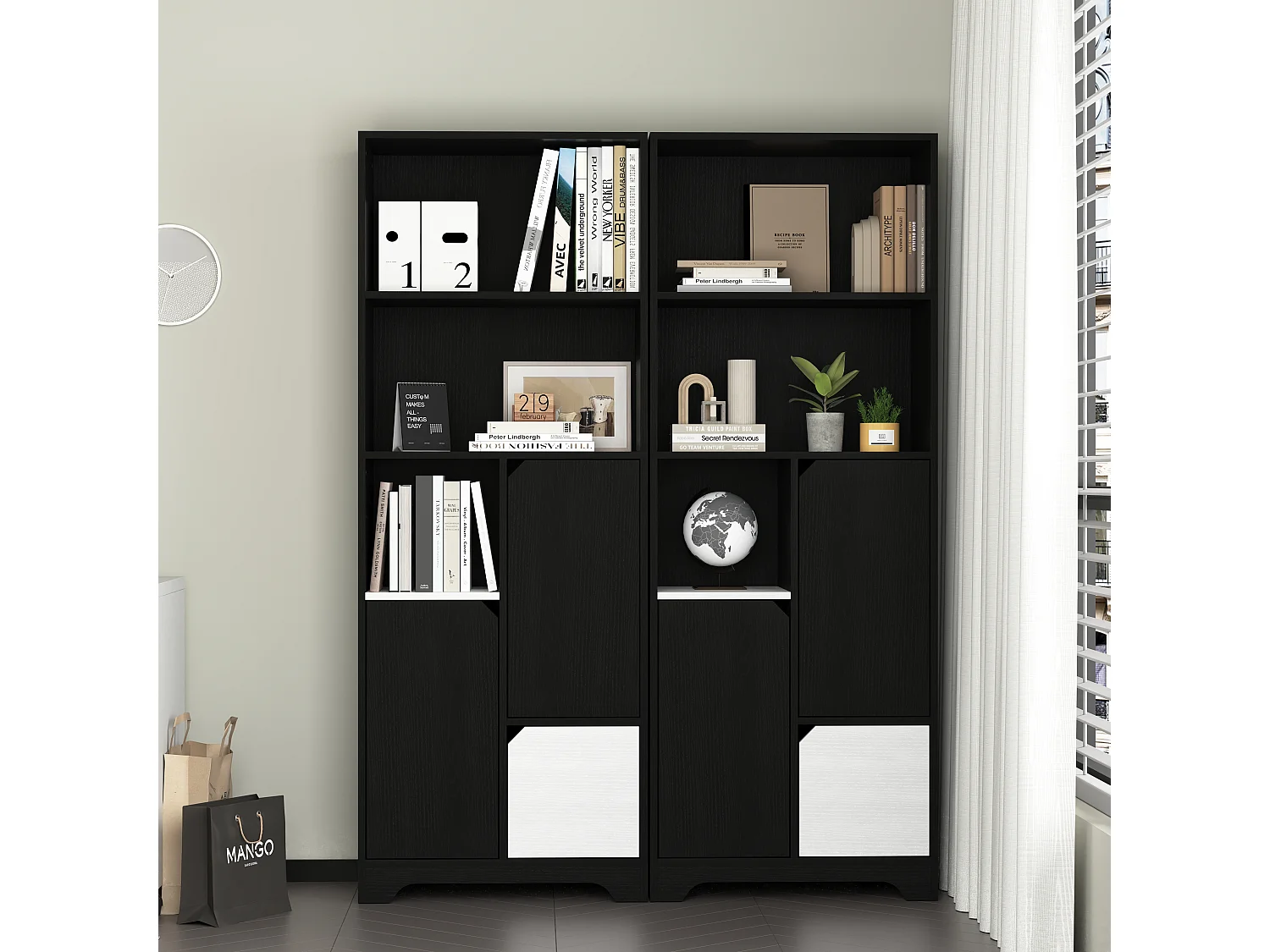 Bibliothèque multifonctionnelle avec espace ouvert, portes et tiroirs, MDF, noir et blanc (60x35x160 cm)