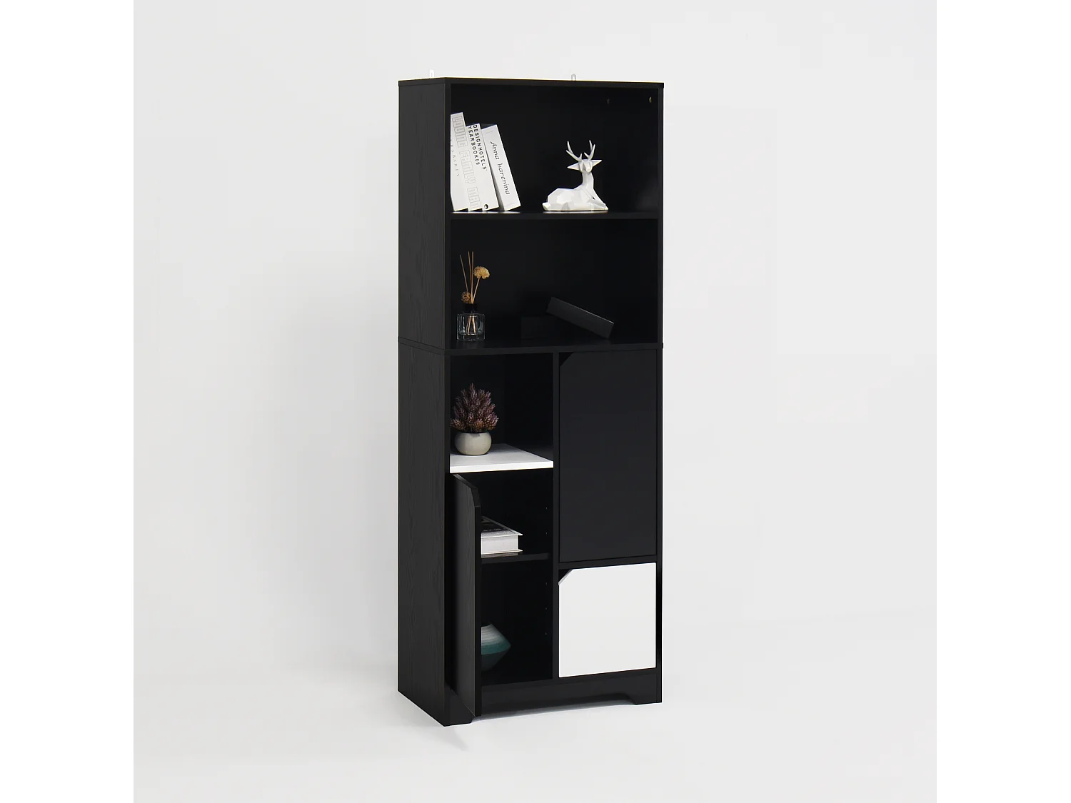 Bibliothèque multifonctionnelle avec espace ouvert, portes et tiroirs, MDF, noir et blanc (60x35x160 cm)