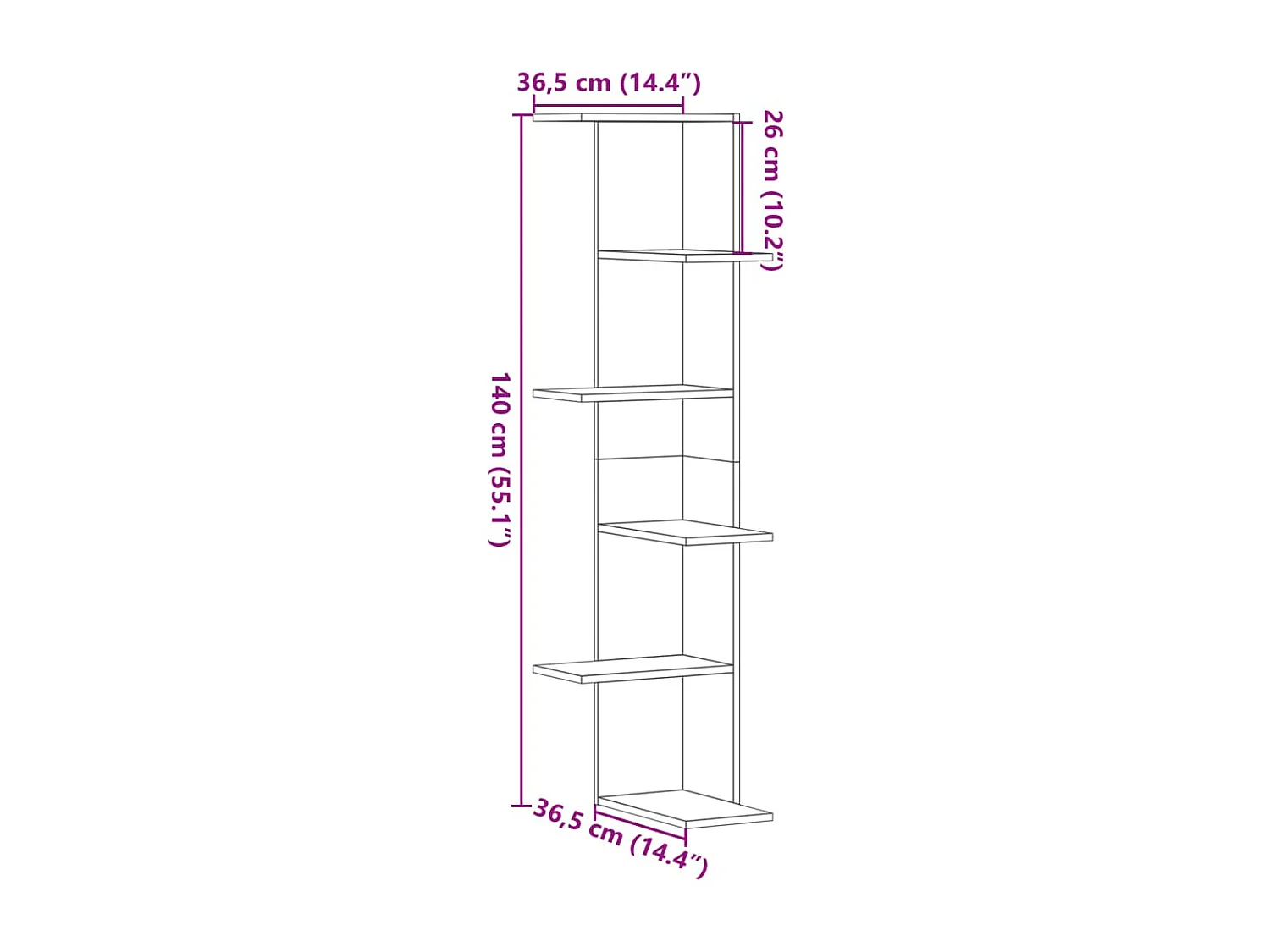 Witte wandhoekplank 36,5x36,5x140 cm bewerkt hout