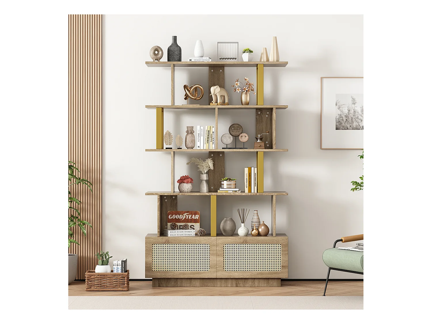 Librería moderna de 3 puertas con espacio de almacenaje en ratán, madera y metal, roble claro (105 x 31,7 x 160 cm)