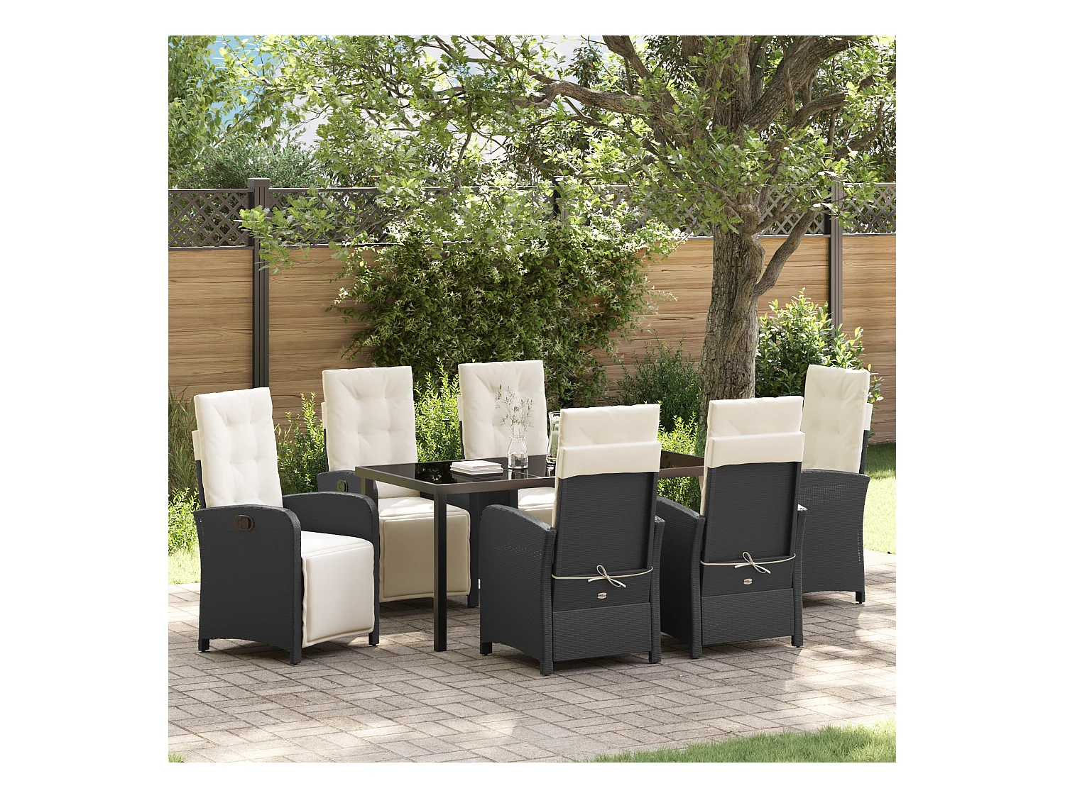 Ensemble de salle à manger de jardin 7 pièces avec coussins en poly rotin noir