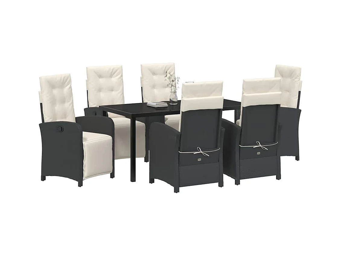 Ensemble de salle à manger de jardin 7 pièces avec coussins en poly rotin noir