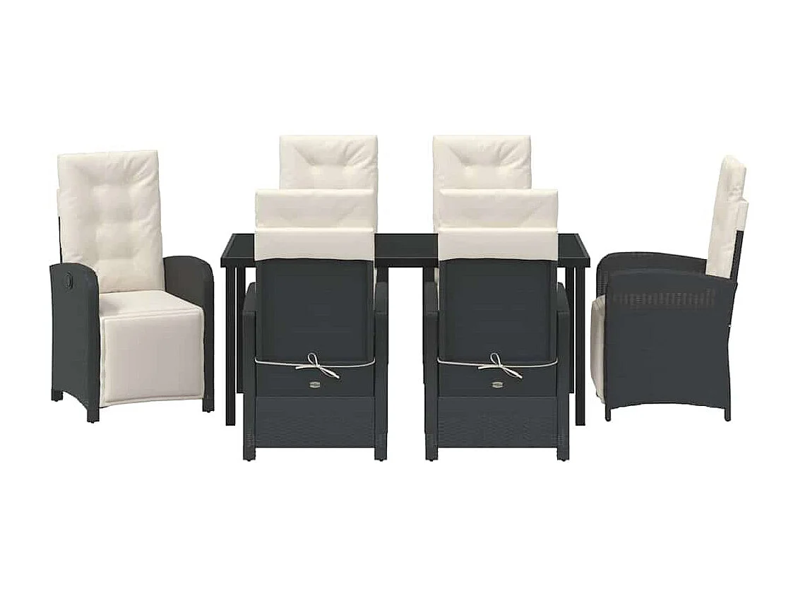 Ensemble de salle à manger de jardin 7 pièces avec coussins en poly rotin noir