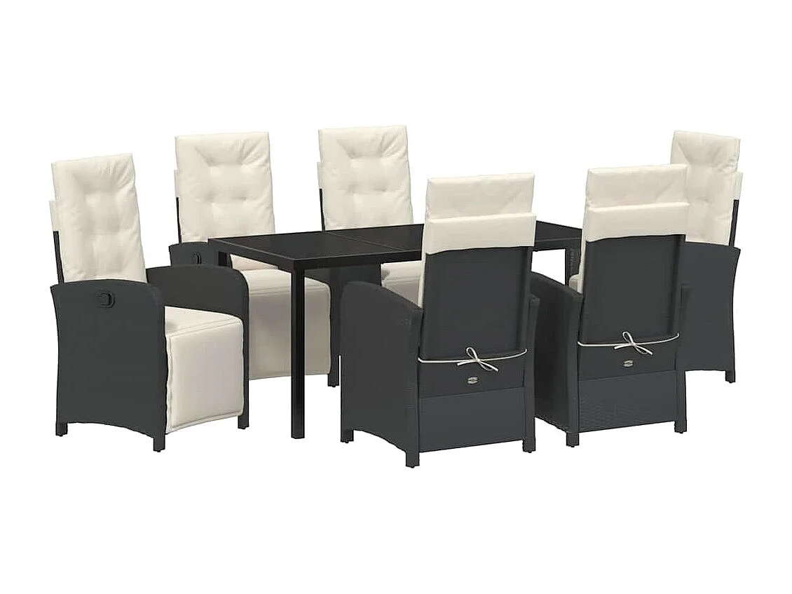 Juego de comedor de jardín de 7 piezas con cojines de ratán sintético negro
