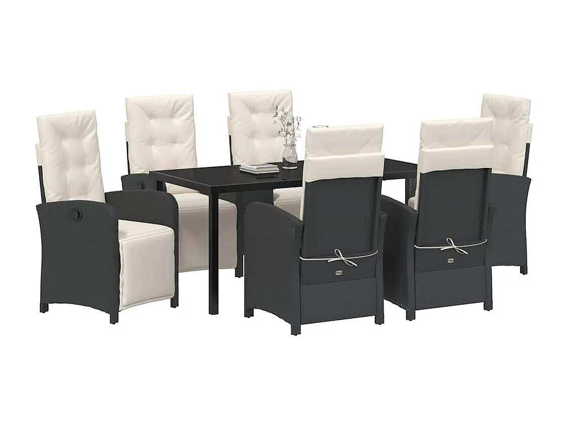 Juego de comedor de jardín de 7 piezas con cojines de ratán sintético negro