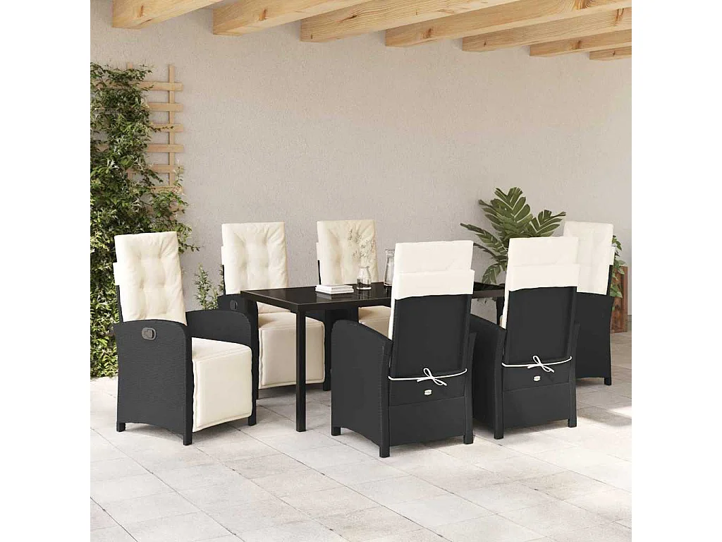 Juego de comedor de jardín de 7 piezas con cojines de ratán sintético negro