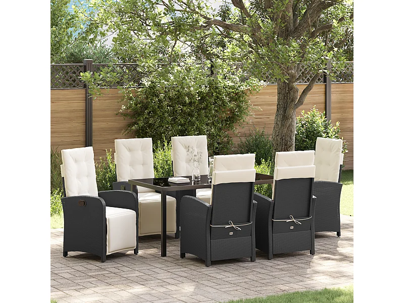 Set da pranzo da giardino da 7 pezzi con cuscini in polyrattan nero