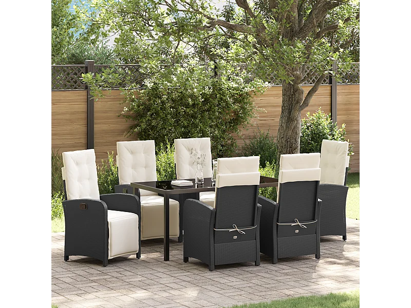 Ensemble de salle à manger de jardin 7 pièces avec coussins en poly rotin noir