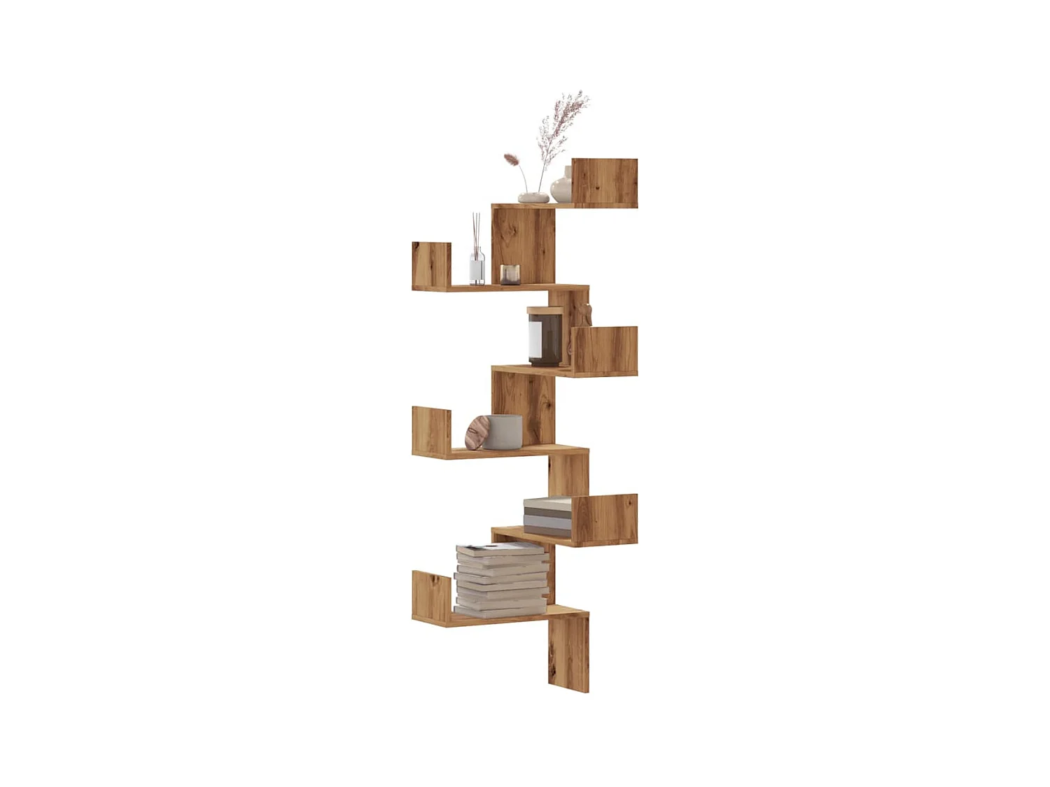 Wandgemonteerde hoekplank, handgemaakt eikenhout, bewerkt hout