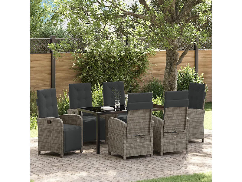 Set da pranzo da giardino 7 pezzi con cuscini grigi in polyrattan