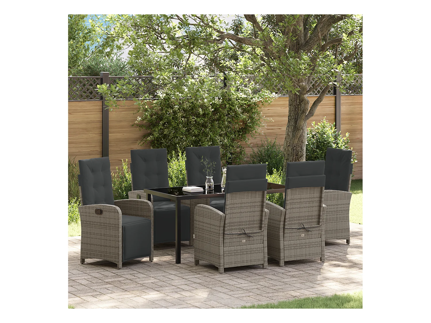 Set da pranzo da giardino 7 pezzi con cuscini grigi in polyrattan