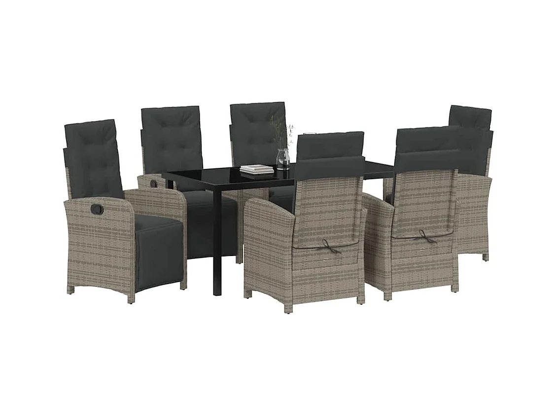 Set da pranzo da giardino 7 pezzi con cuscini grigi in polyrattan