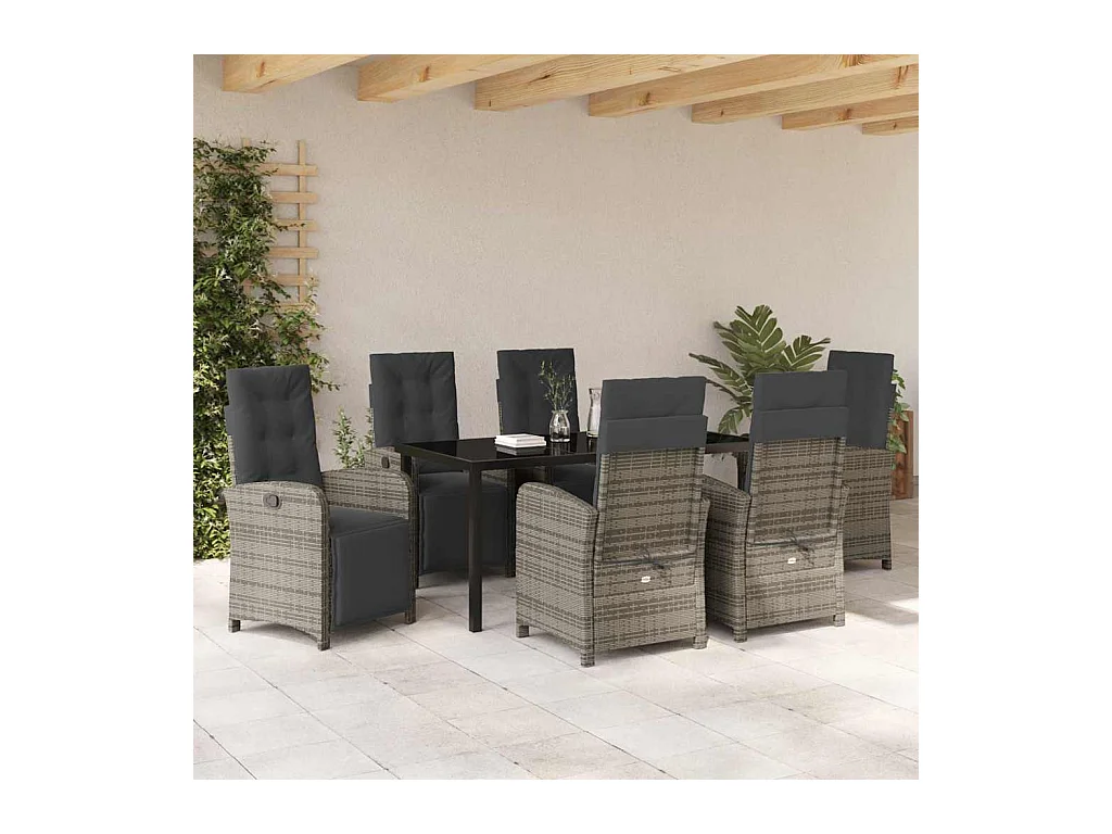 Ensemble de salle à manger de jardin 7 pièces avec coussins gris en poly rotin