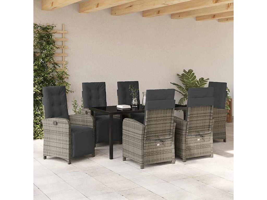 Ensemble de salle à manger de jardin 7 pièces avec coussins gris en poly rotin