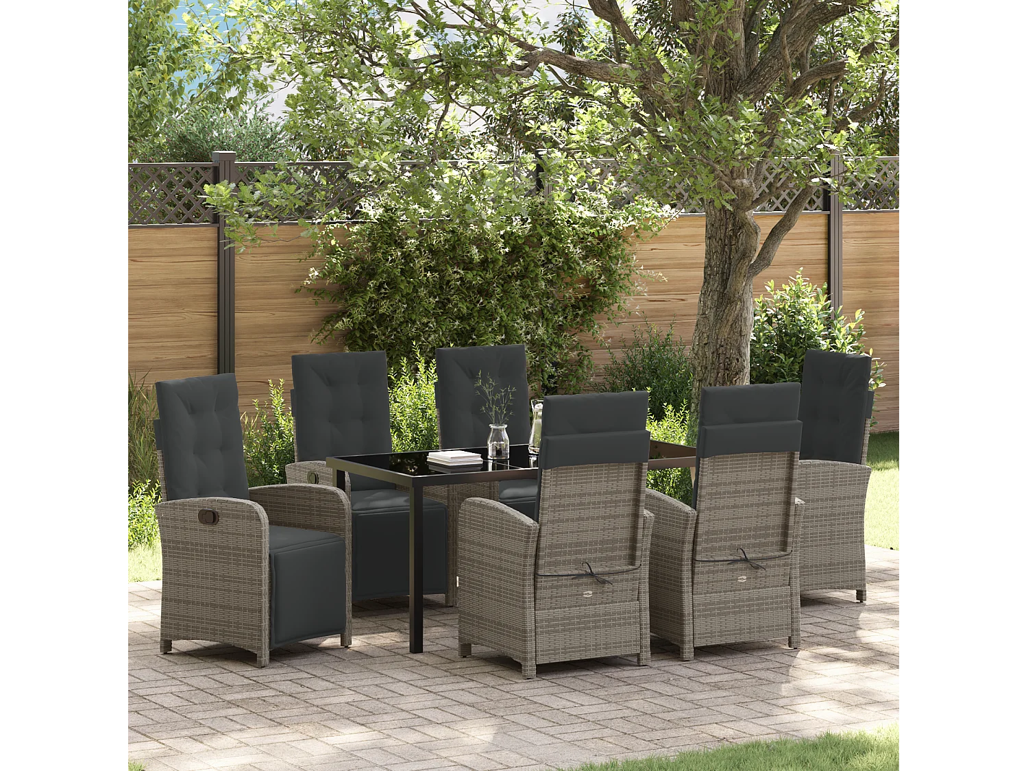 Ensemble de salle à manger de jardin 7 pièces avec coussins gris en poly rotin