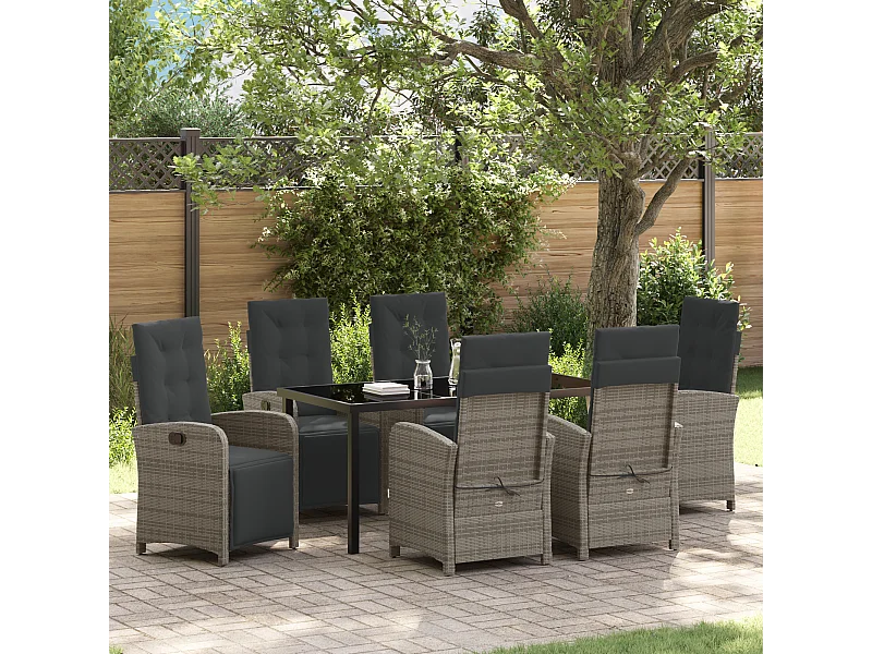 Set da pranzo da giardino 7 pezzi con cuscini grigi in polyrattan