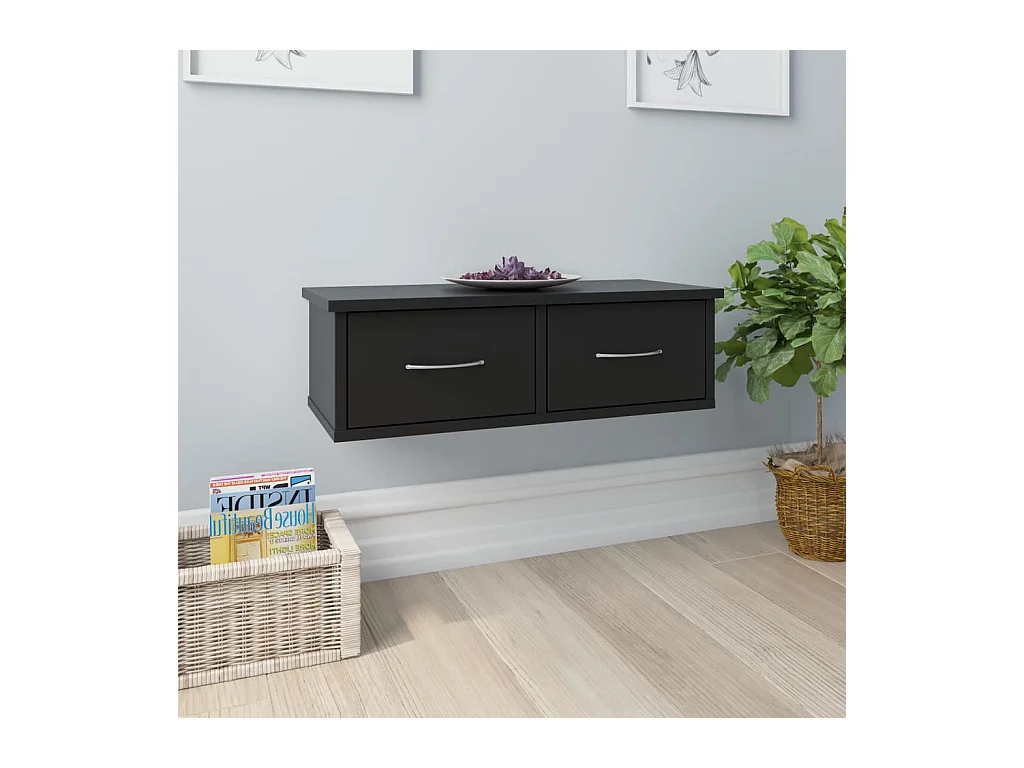Mensola da parete con cassetti nera 60x26x18,5cm Legno ingegnerizzato