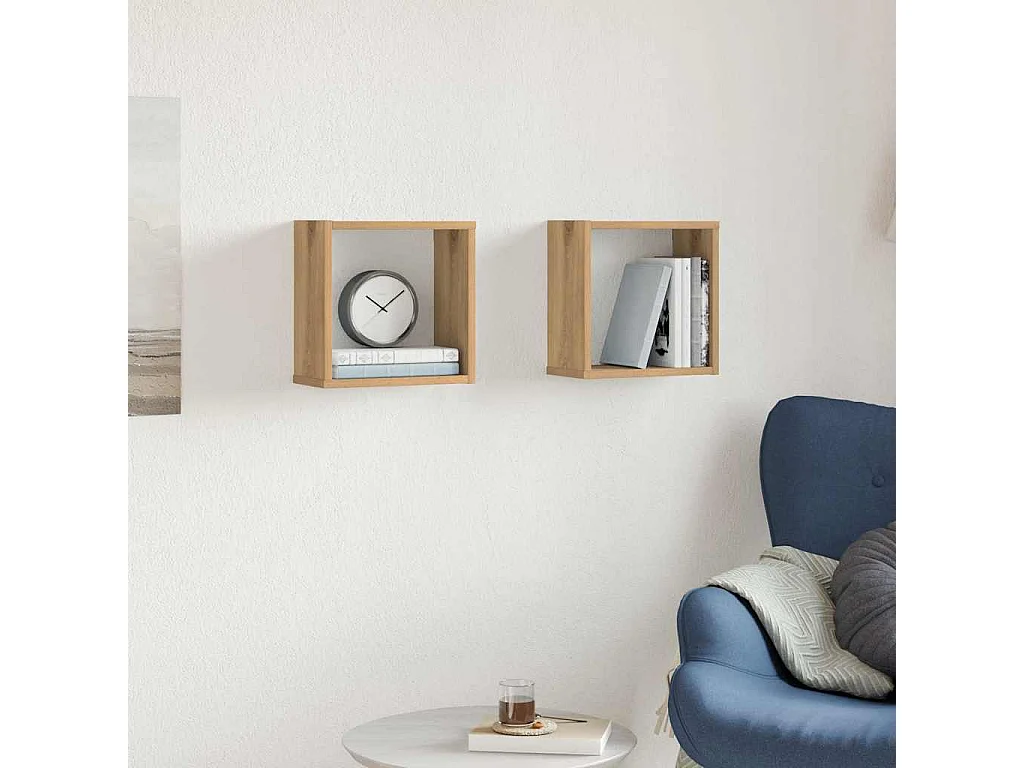 Mensole a cubo da parete 2 pezzi in legno ingegnerizzato di quercia artigianale