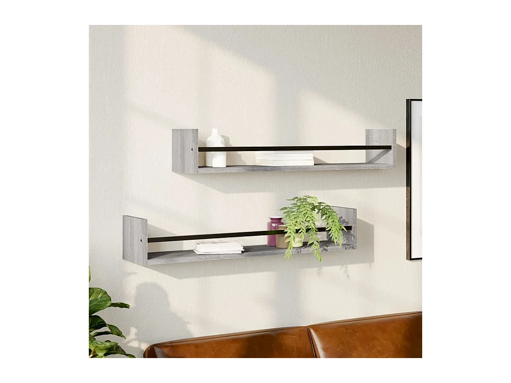 Étagères murales avec barres 2 pcs sonoma gris 80x16x14 cm