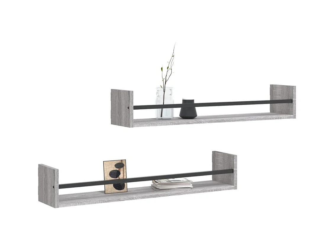 Étagères murales avec barres 2 pcs sonoma gris 80x16x14 cm