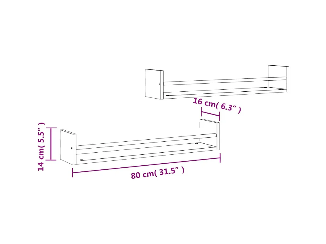 Étagères murales avec barres 2 pcs sonoma gris 80x16x14 cm