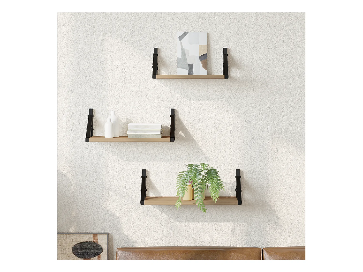 Set di 3 mensole da parete in legno ingegnerizzato, rovere affumicato