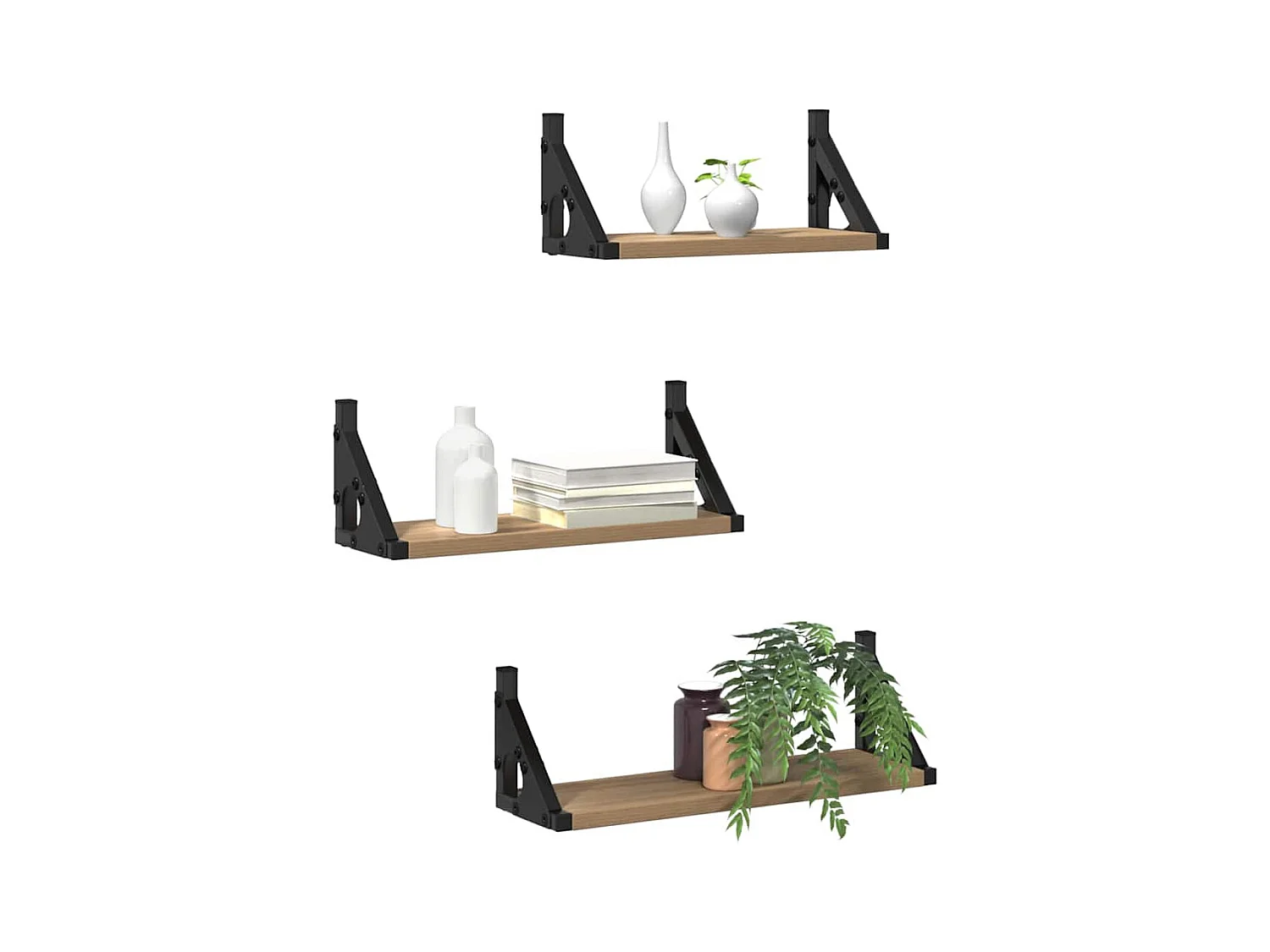 Set di 3 mensole da parete in legno ingegnerizzato, rovere affumicato